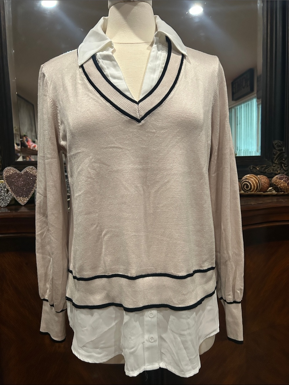 Belldini Light Pink V-Neck Sweater with Black Trim